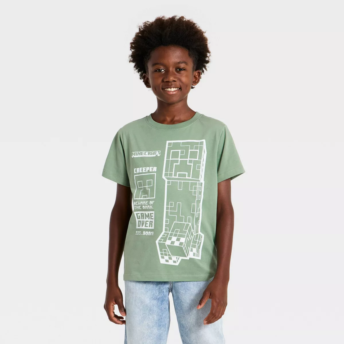 Minecraft Creeper T-shirt Estampada de Manga Curta para Rapaz - Verde-sálvia
