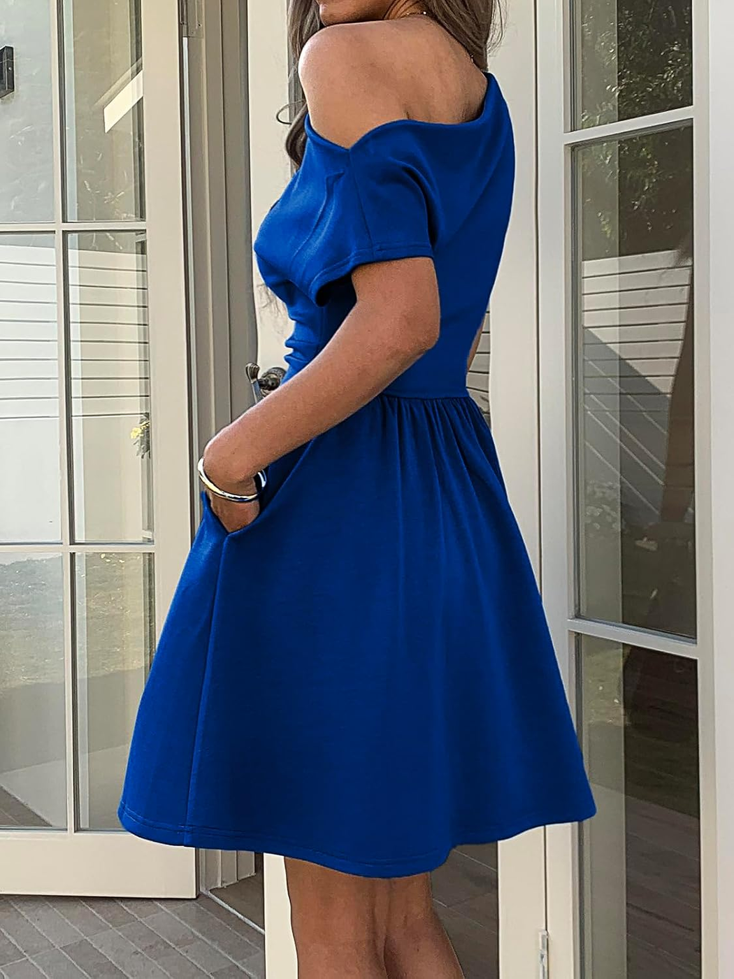 Mieazom Mini Vestido Mulher Ombro Descaído com Bolsos Azul Royal