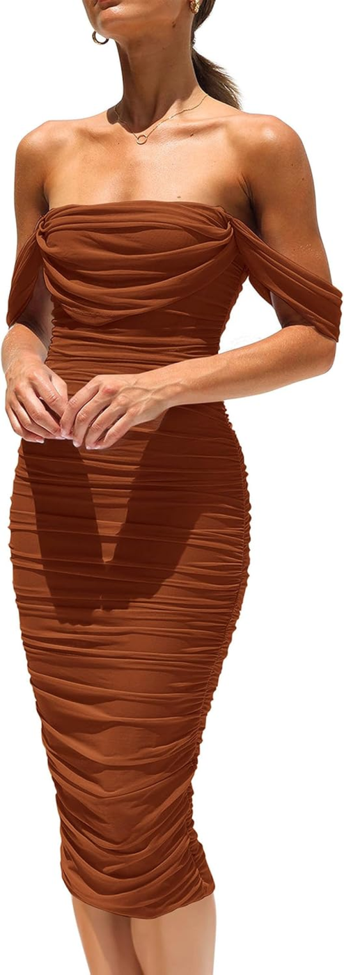 PRETTYGARDEN Vestido Midi Drapeado Ombros Descaídos SF_BT275_DAG_S