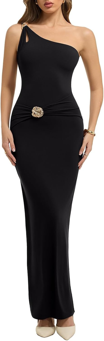 REORIA Vestido Longo Um Ombro Mulher