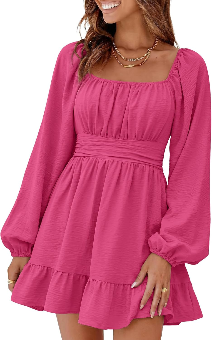 Dokotoo Vestido Curto Manga Balão Cintura Elástica