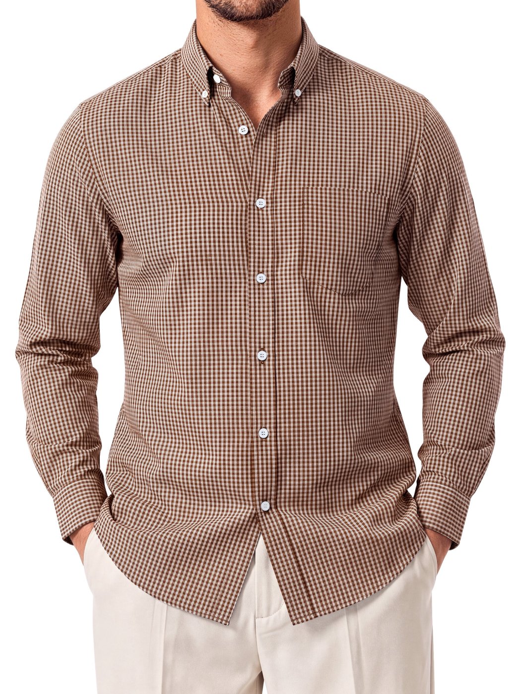 Gents Bliss Camisa Masculina Quadrados Manga Comprida Castanho L