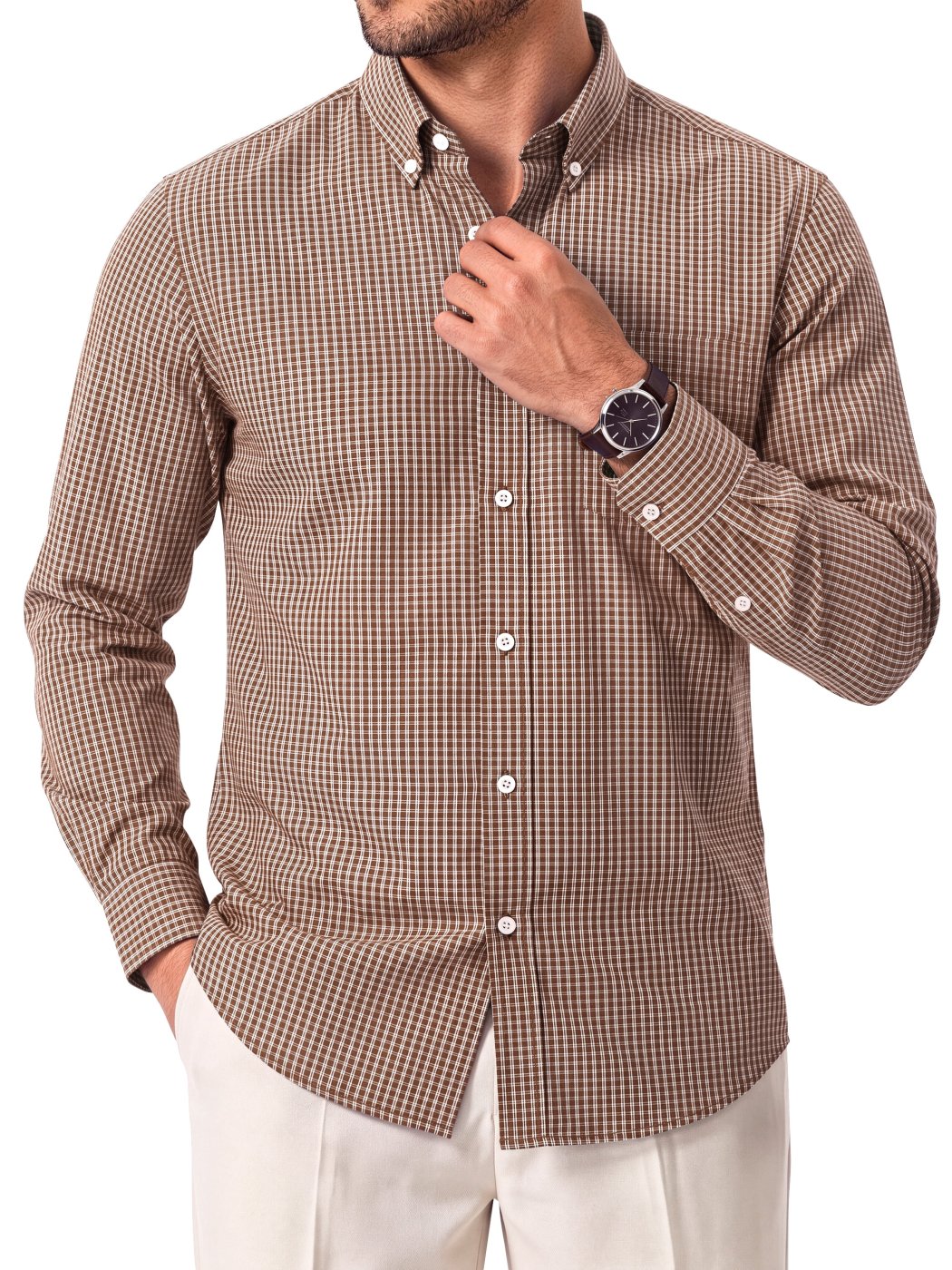 Gents Bliss Camisa Masculina Quadrados Manga Comprida Castanho L