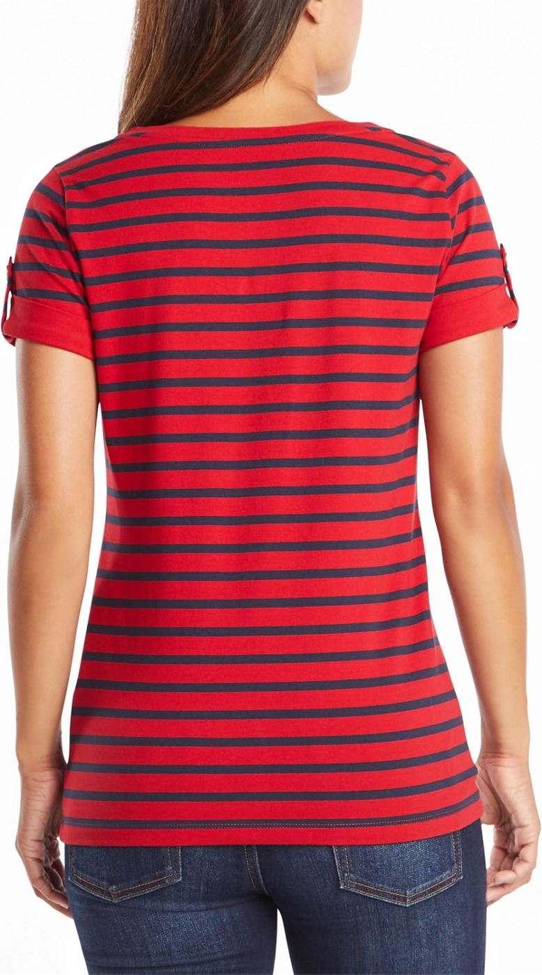 Nautica Easy Comfort T-Shirt Riscas Bretão Decote V Algodão Senhora