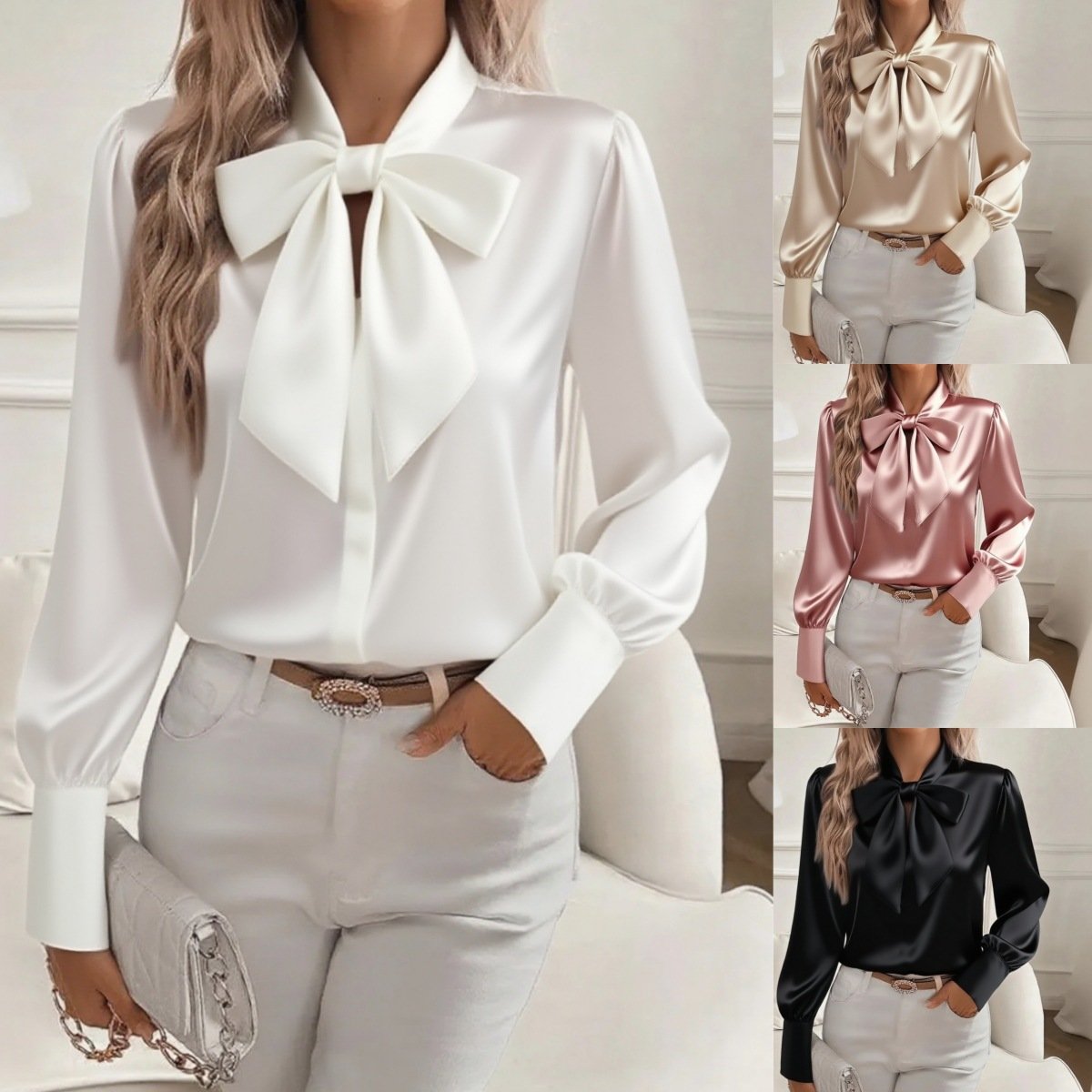 Women's Pure Color Casual Versatile Bow Satin Shirt