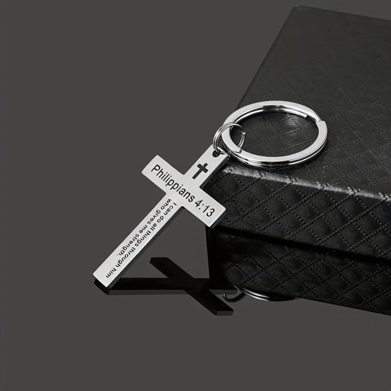 Personality Trend Stainless Steel Faith Cross Scripture Lettering Metal Keychains