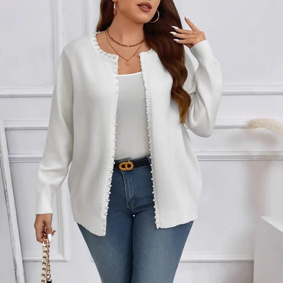 Solid Color Pearl Trim Long Sleeve Cardigan Plus Size Knitwear