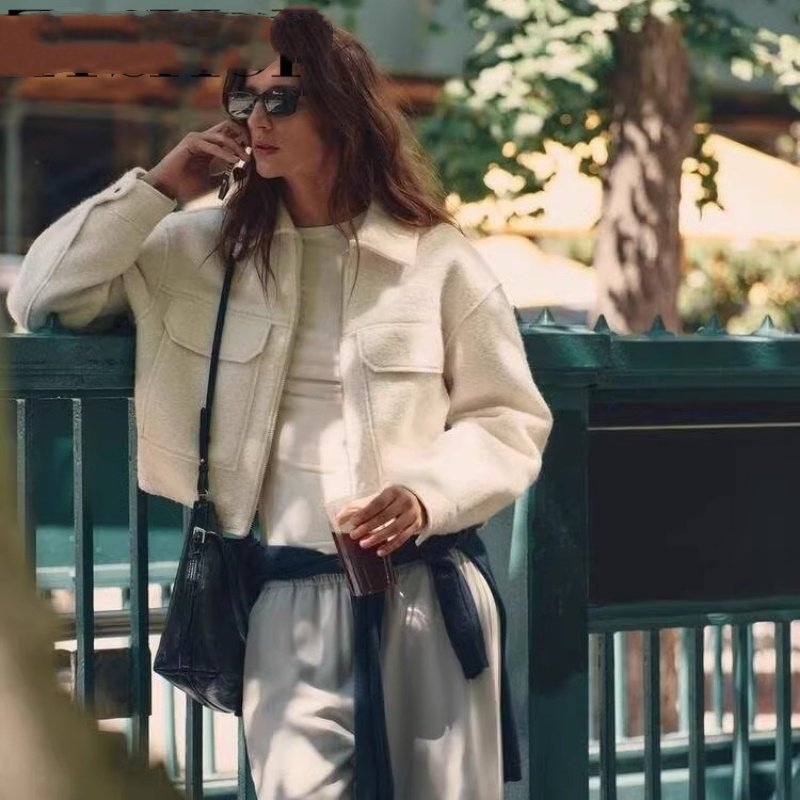 Long Sleeve Lapel Large Pocket Beaded Leather Jacket Woolen Short Coat