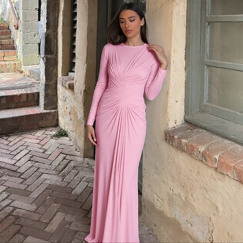 Fashion Temperament Slim Cross Round-neck Long-sleeved Dress