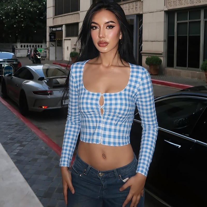 Plaid Printed Cardigan Breasted Slim Long Sleeve Top