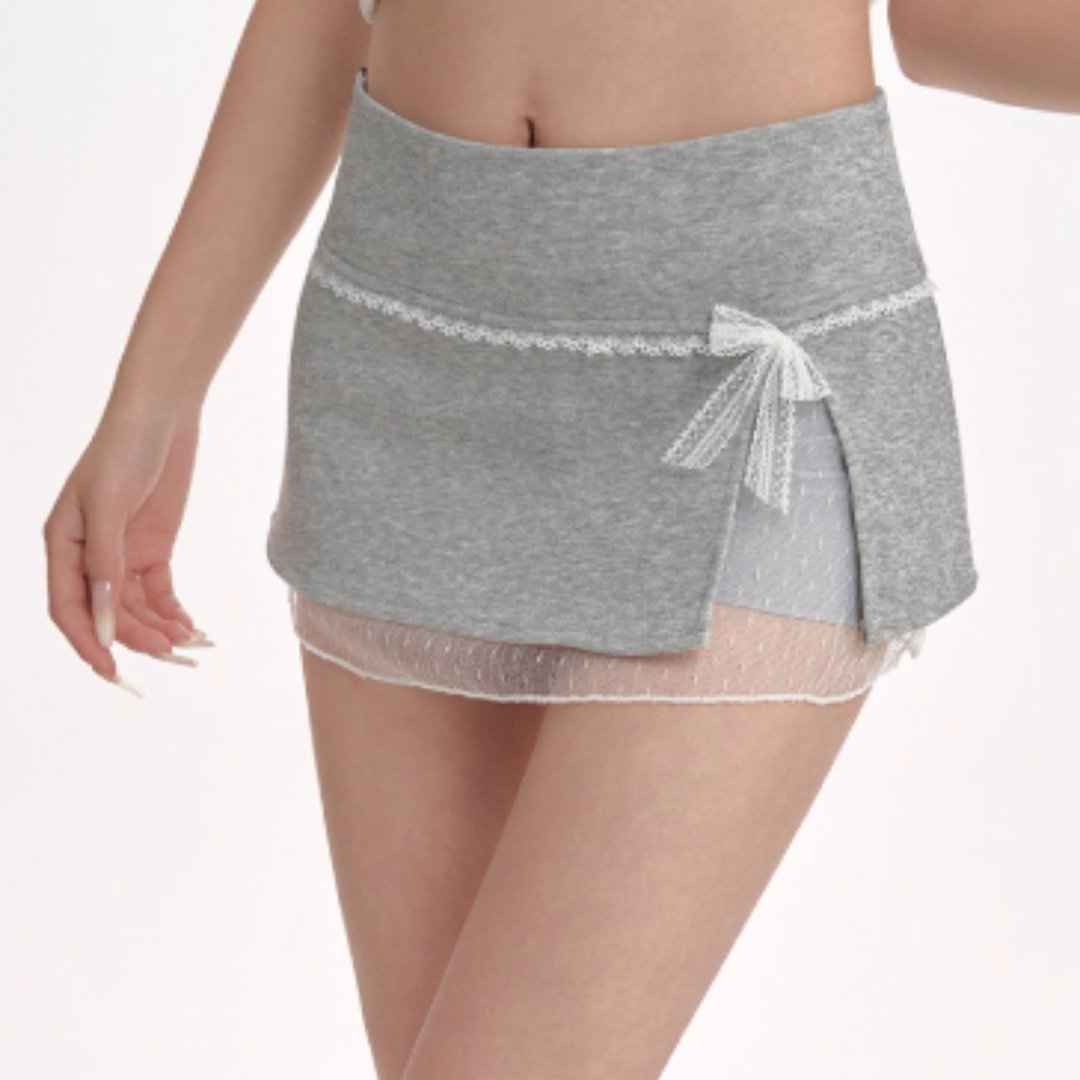 Gray Midi Skirt With Patchwork Lace Trim For Women, Summer