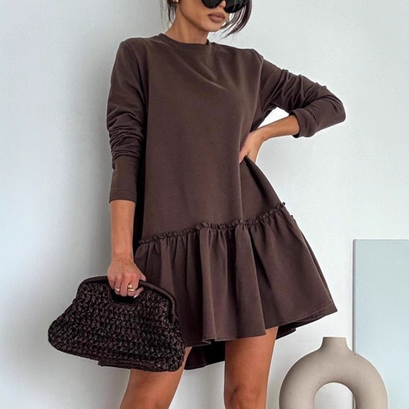 Womens Stylish Solid-color Pleated Crew-neck Dress