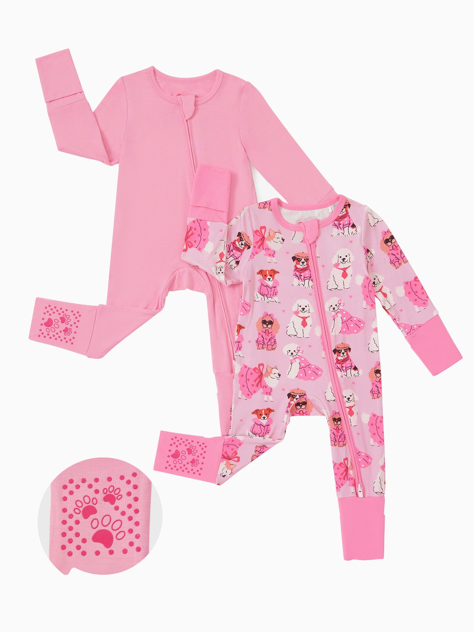 Bamboo Baby Boy/Girl 2-Pack Solid&Bee Printed 2-Way Zipper anti Slip Footie Pink