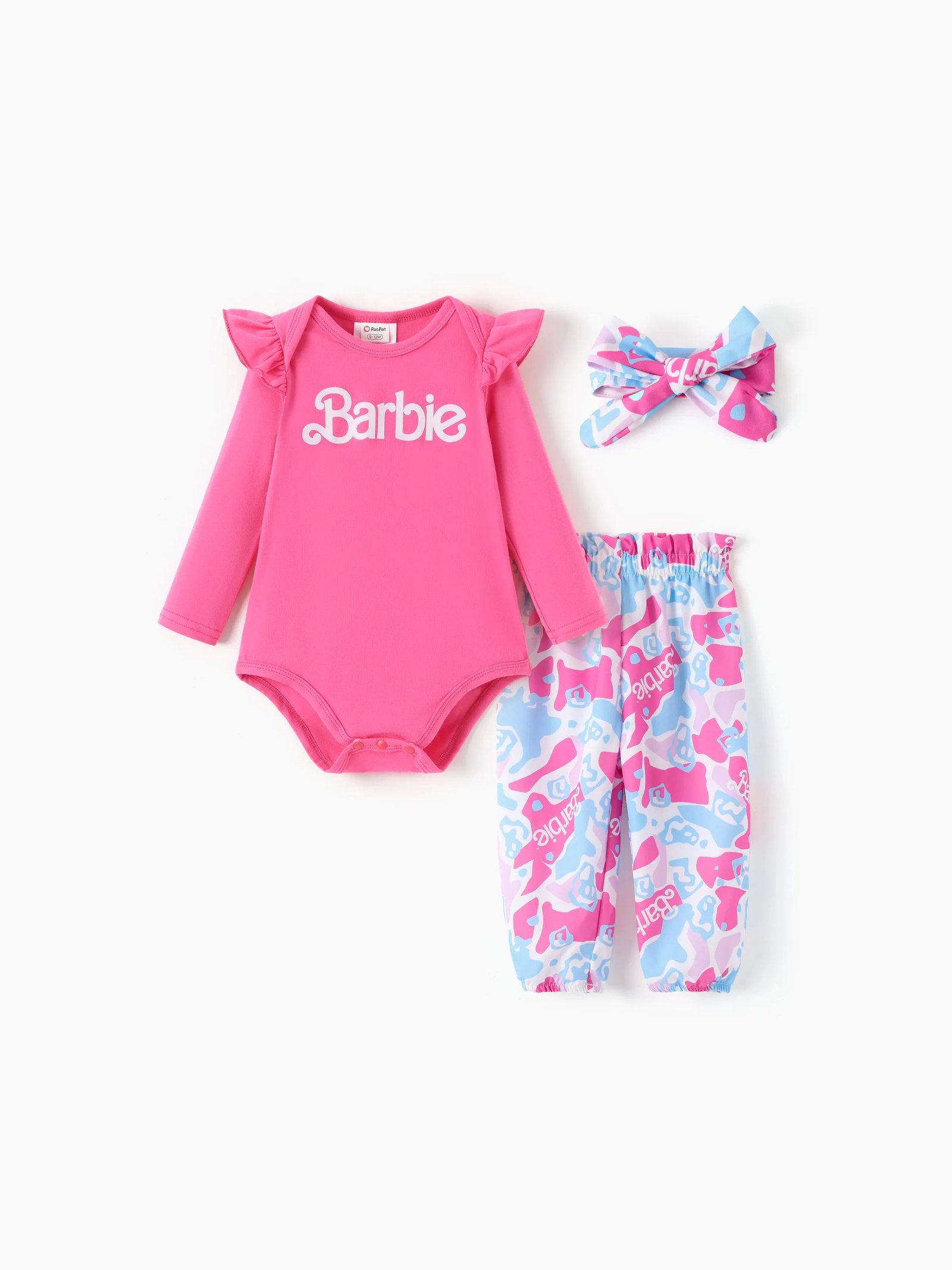 Barbie Baby Girl 2Pcs Cotton Flutter Sleeve Romper and Printed Pants Sets Hot Pink