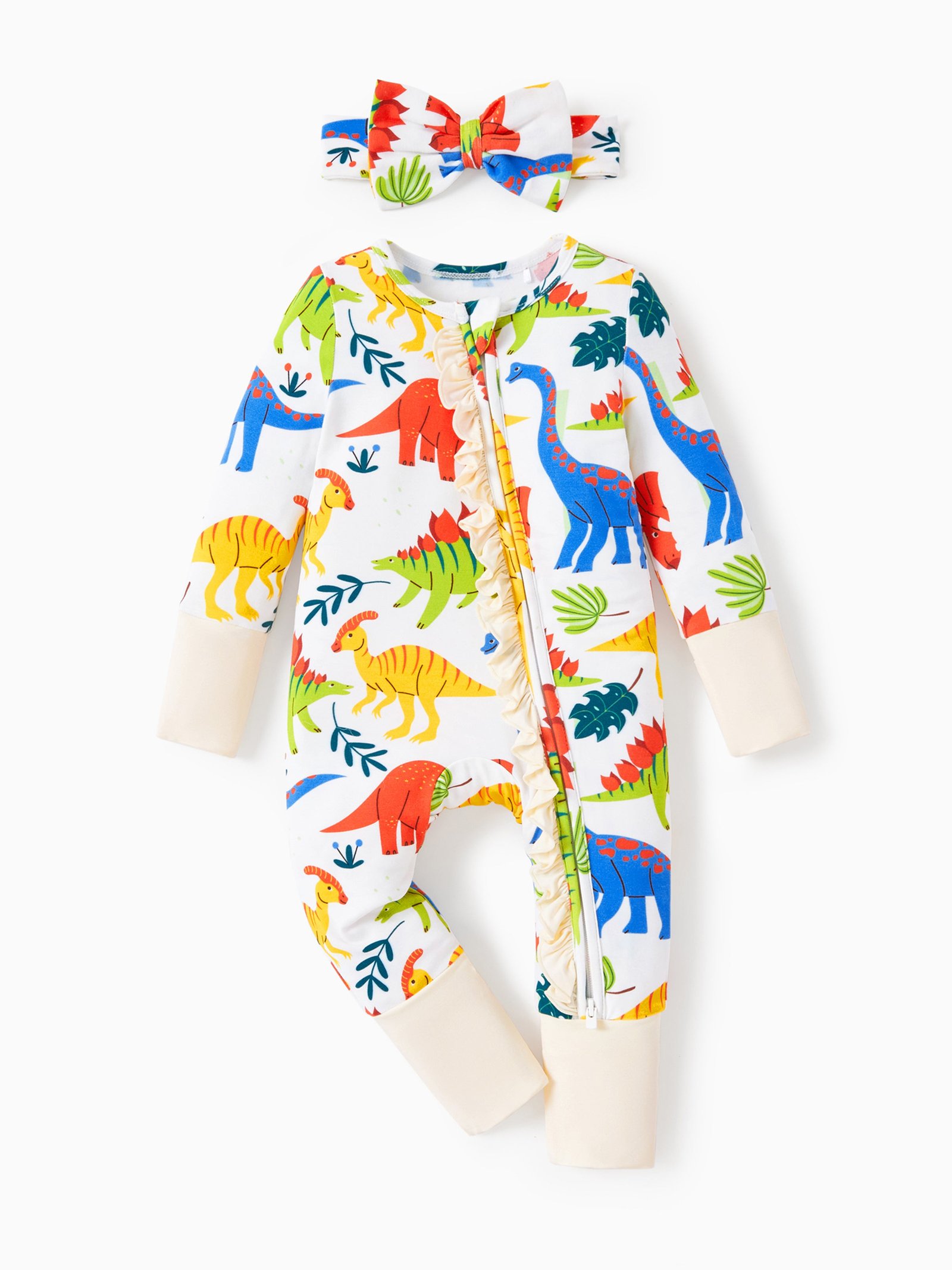 Bamboo Baby Boy/Girl Animal Printed 2-Way Zipper anti Slip Long-Sleeve Footie with Hairband Apricot Yellow
