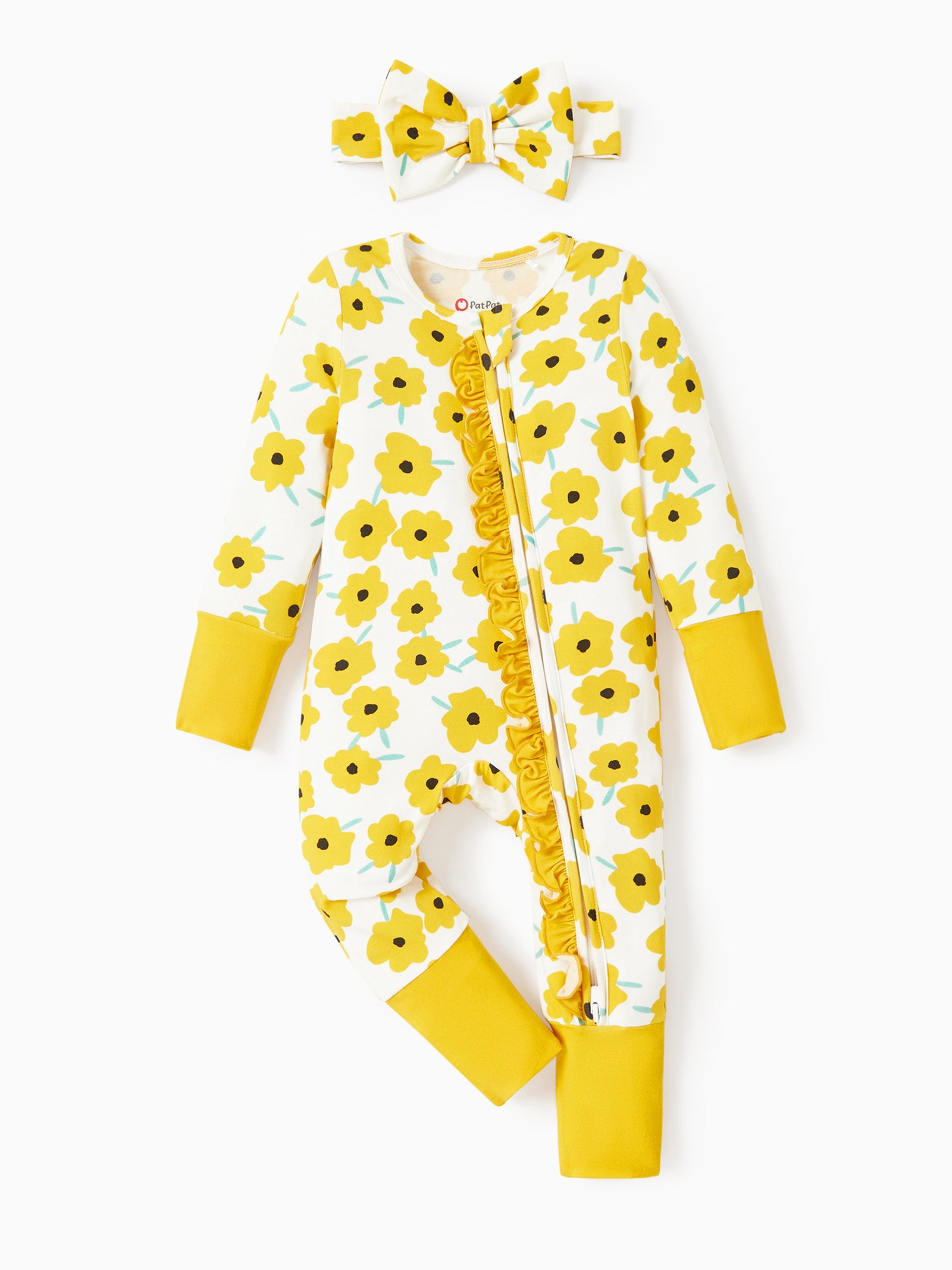 Bamboo Baby Boy/Girl Animal Printed 2-Way Zipper anti Slip Long-Sleeve Footie With/Without Hairband Yellow