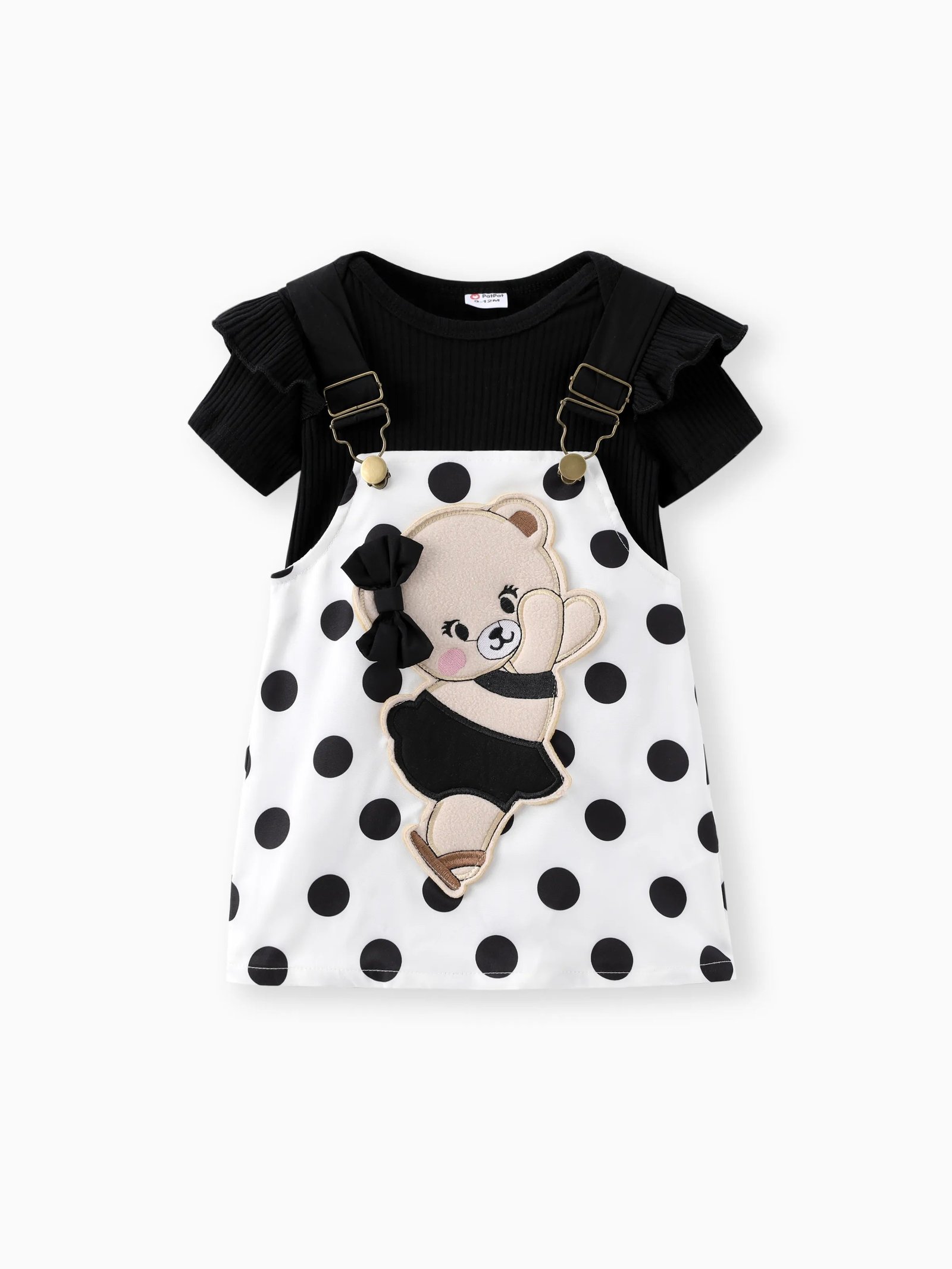 Baby Girl 2Pcs Bear Style Ruffled Romper and Embroidered Polka Dots Overalls Dress Set Black