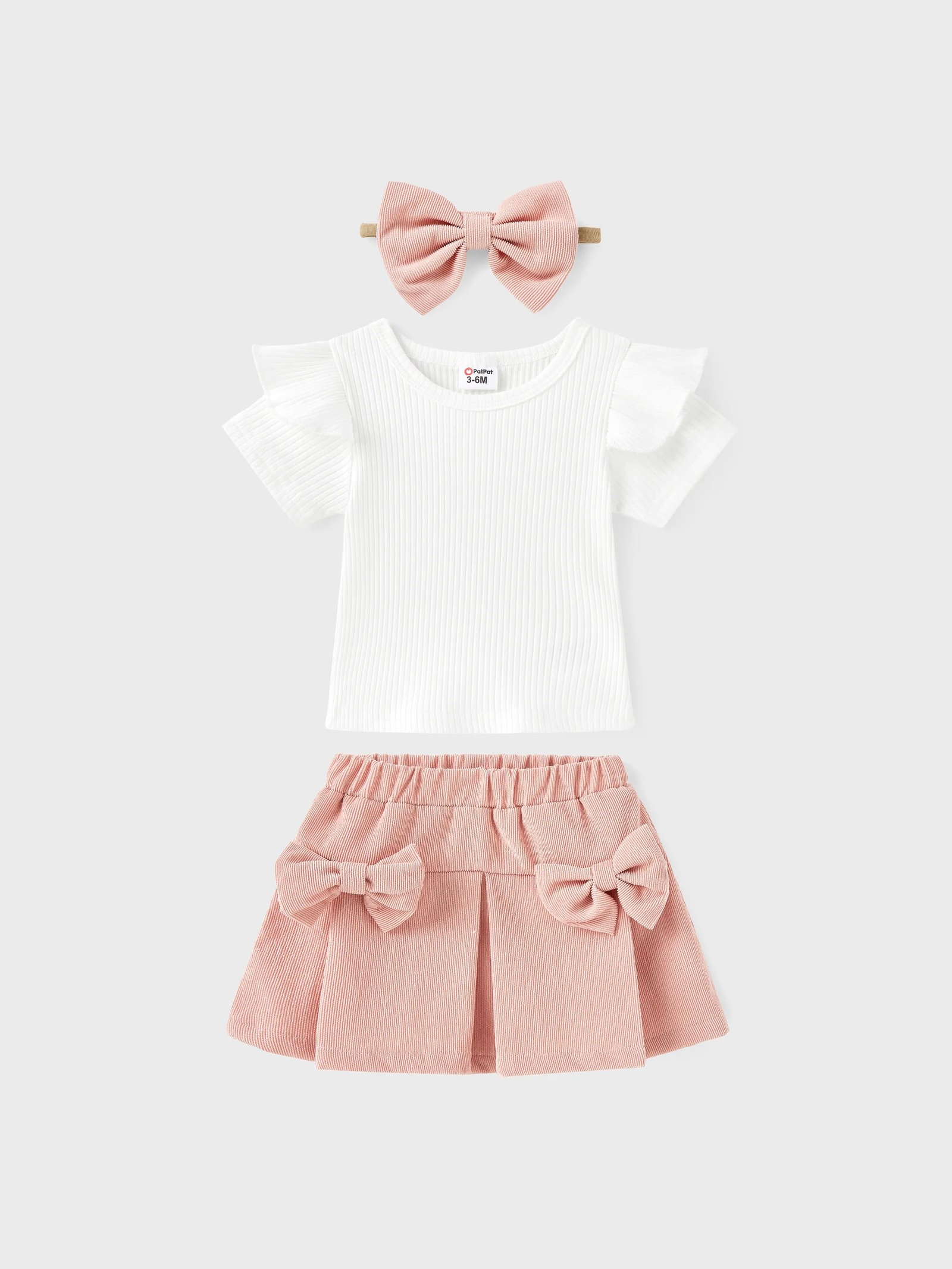 3Pcs Baby Girl 95% Cotton Ribbed Ruffle Short-Sleeve Tee and Bow Front Skirt & Headband Set Pink
