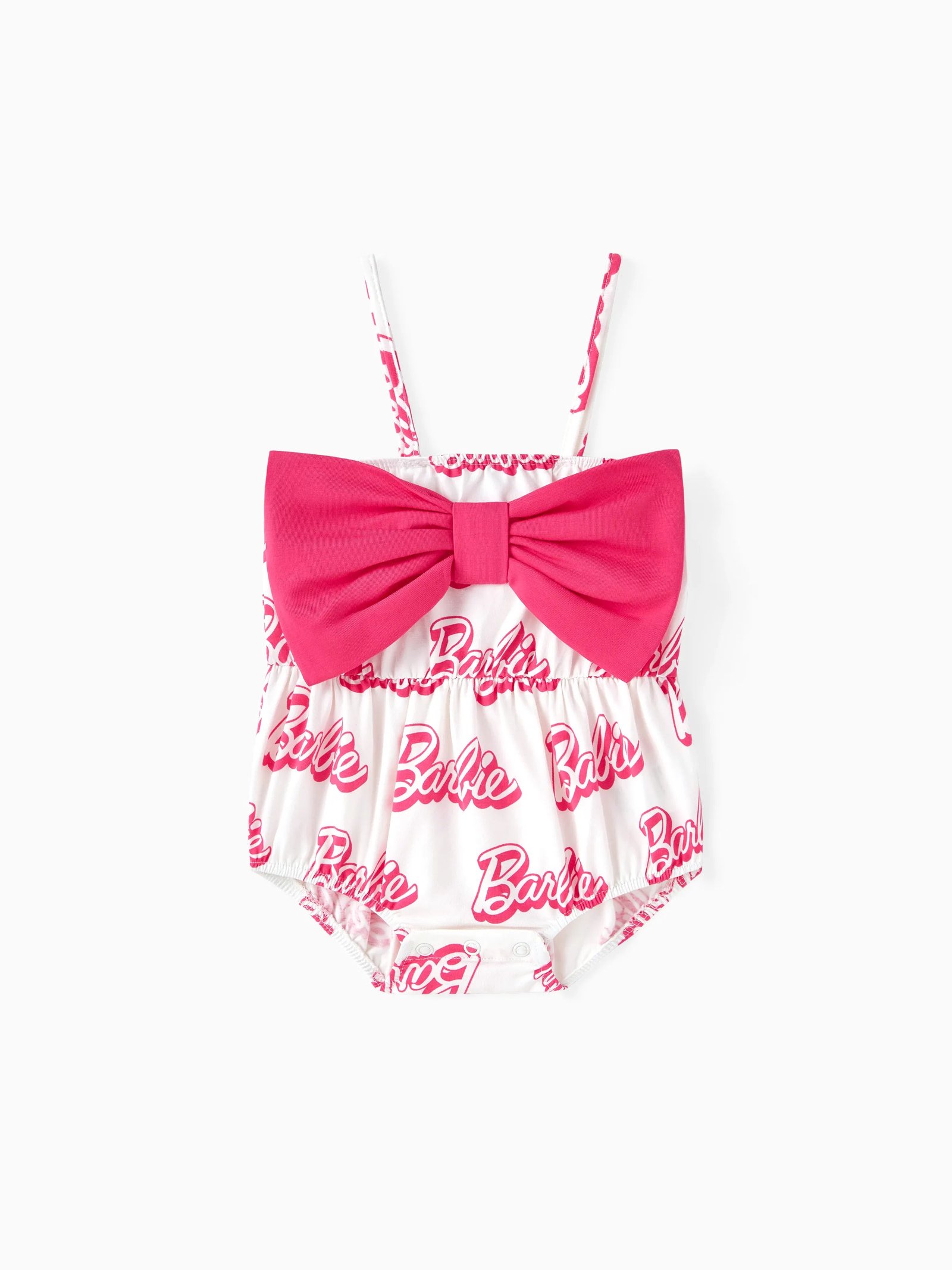 Barbie Baby Girl 95% Cotton Allover Letter Print Bow Front Cami Romper Pinkywhite