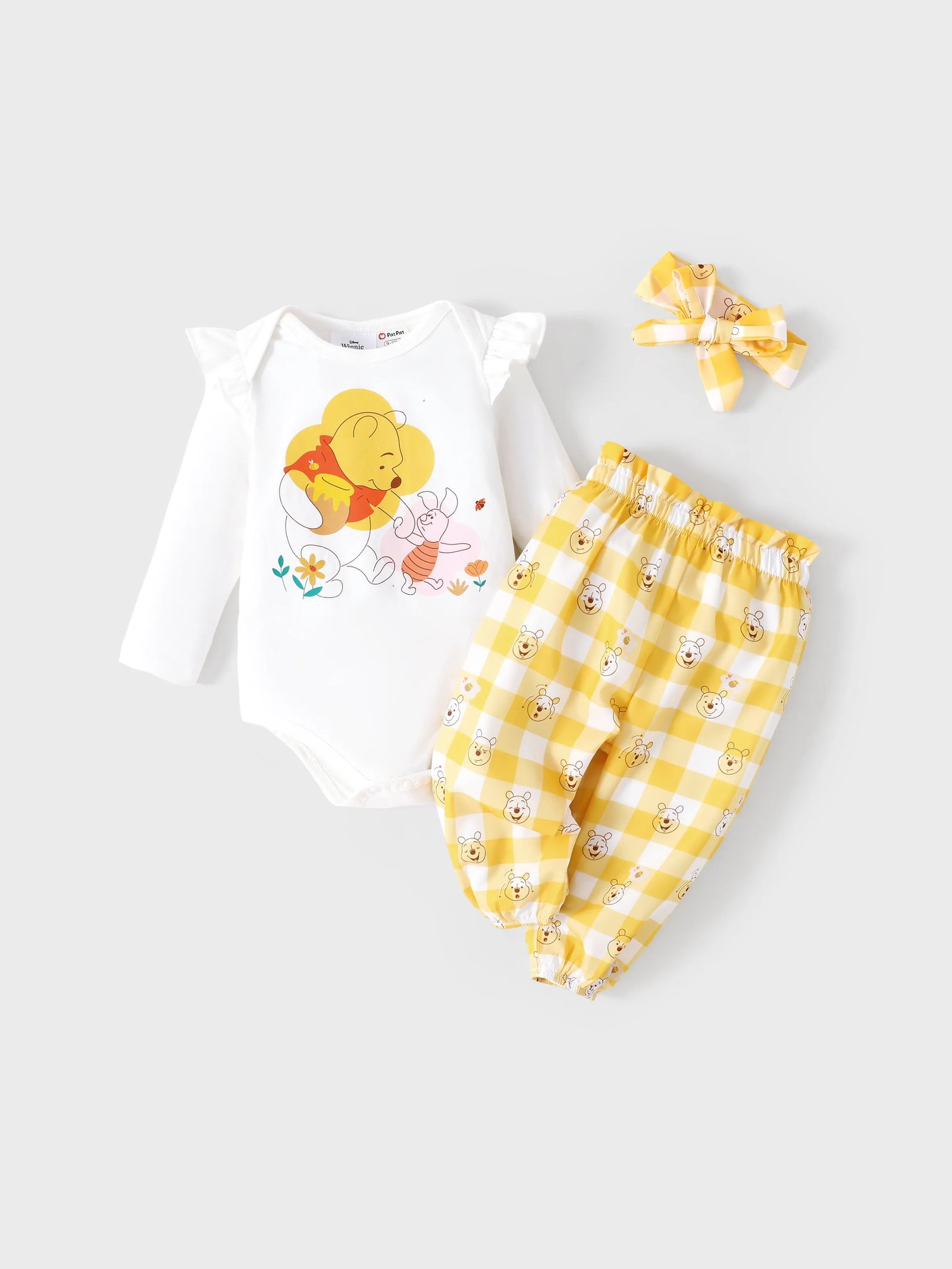 Disney Winnie the Pooh Baby Girl 3Pcs Ruffled Romper and Pants with Headband Set Ginger