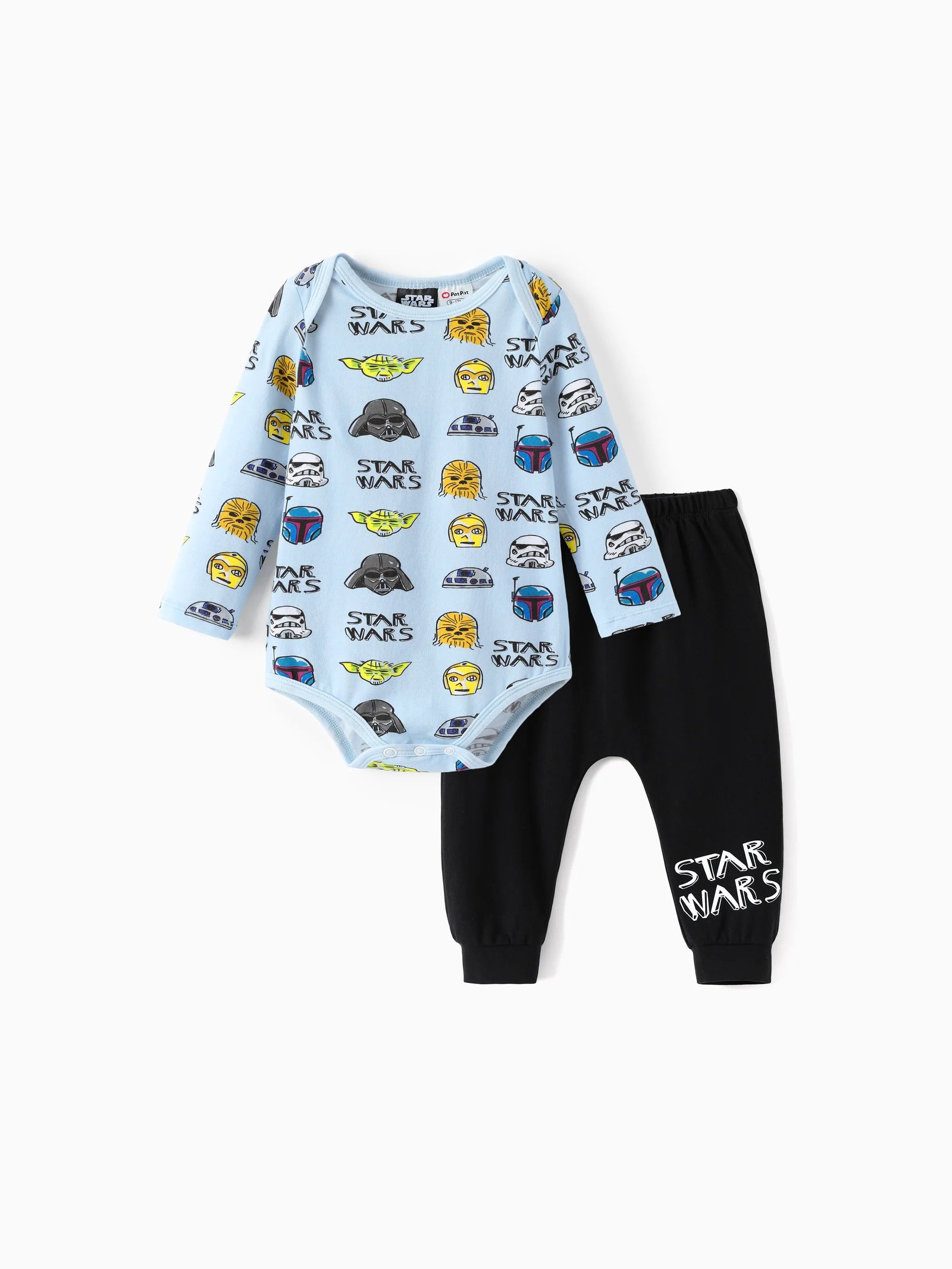 Star Wars Baby Boy 2Pcs Yoda/Darth Vader/R2-D2/C-3Po Childlike Character Graphic Longsleeves Bodysuit and Pants Sets Light Blue