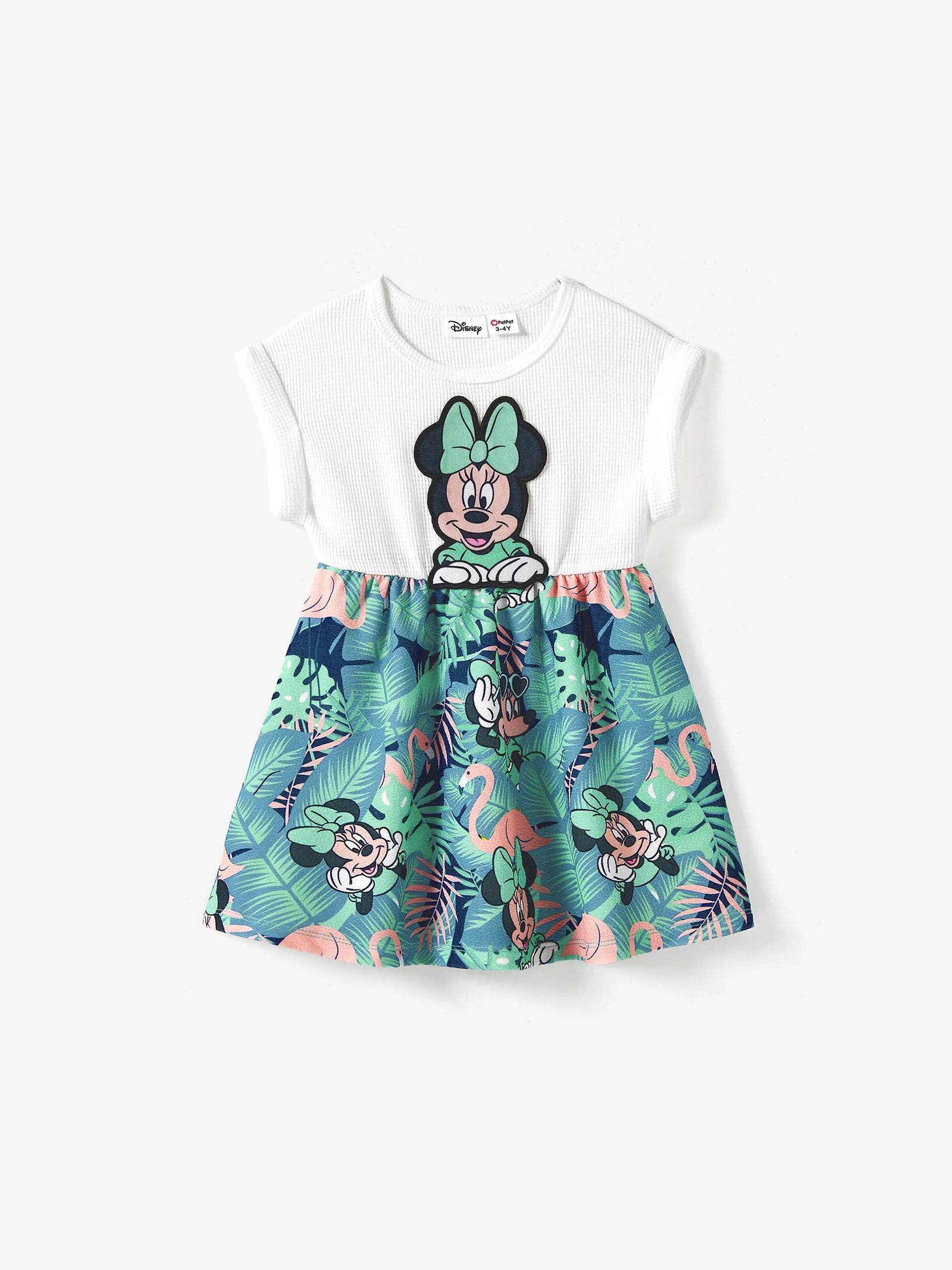 Disney Mickey and Friends Toddler/Kid Girl Tropical Botanical Print Waffle Fabric Dress Greenwhite