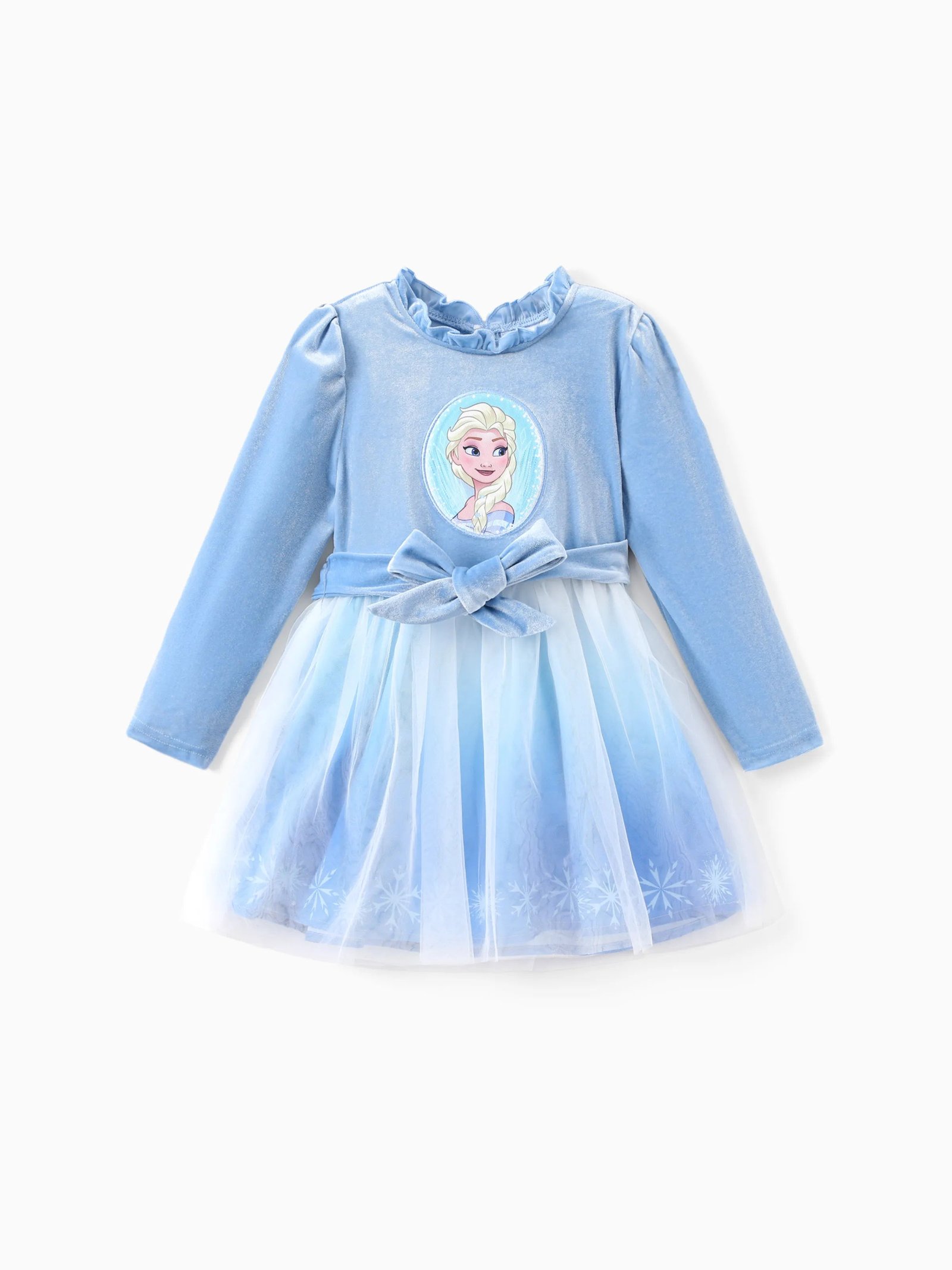 Disney Frozen Toddler Girl 2Pcs Elsa Embroidered Snowflake Print Velet Tulle Dress Blue