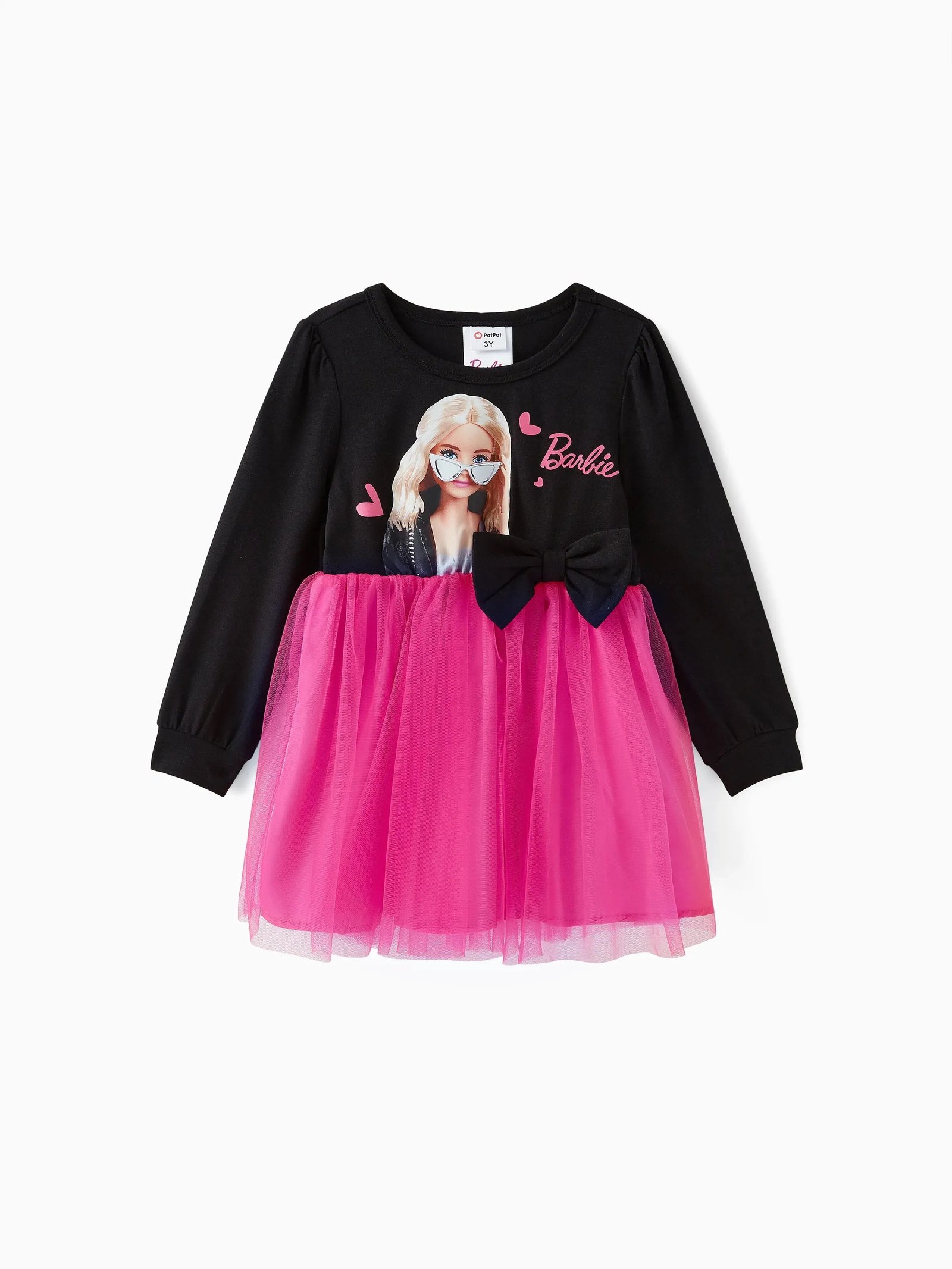 Barbie Toddler Girl Figure Print Bow Decor Long-Sleeve Mesh Panel Fairy Dress Rose Pink