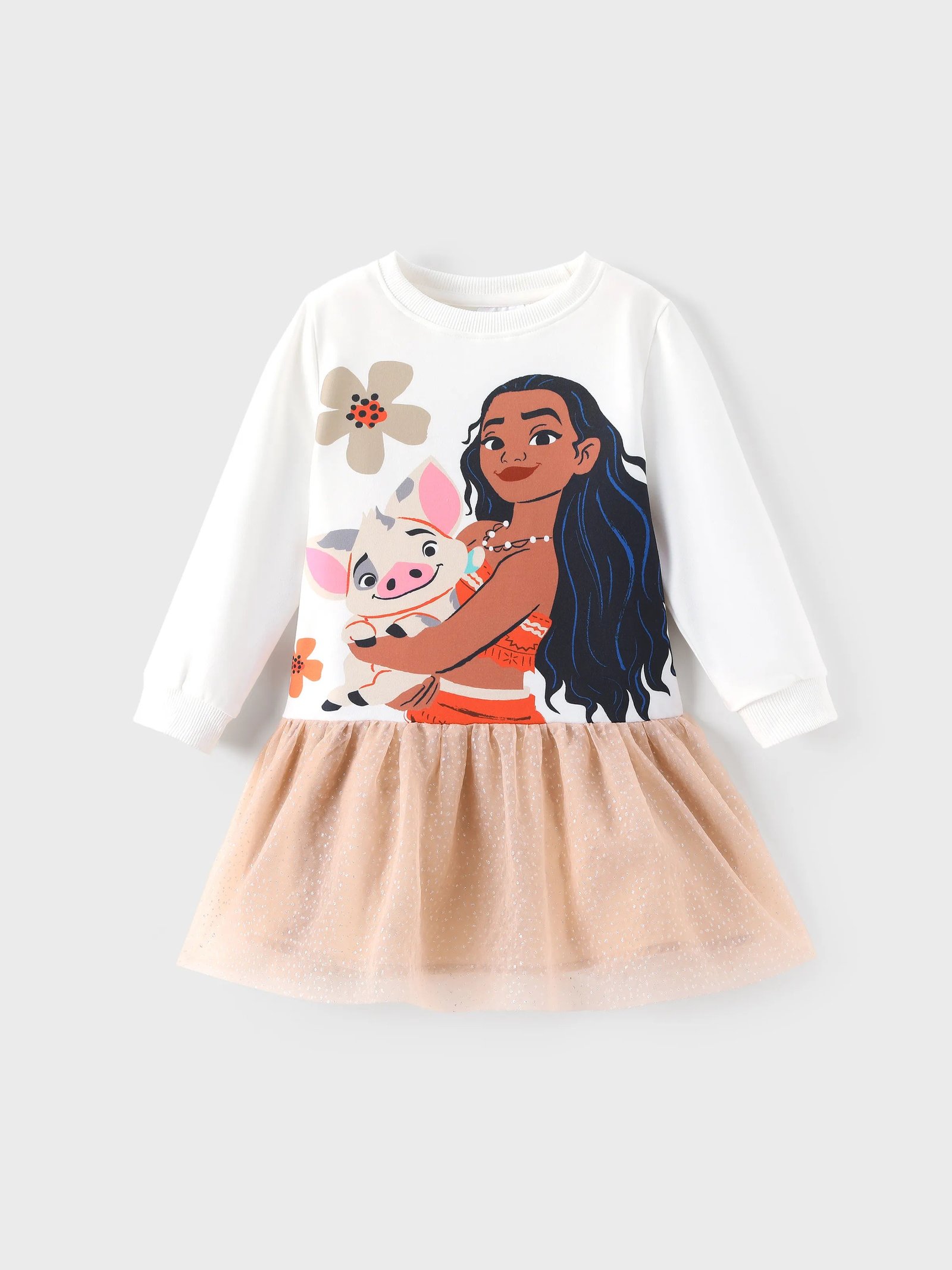 Disney Princess Toddler Girl Moana Long Sleeve Mesh Splice Dress White
