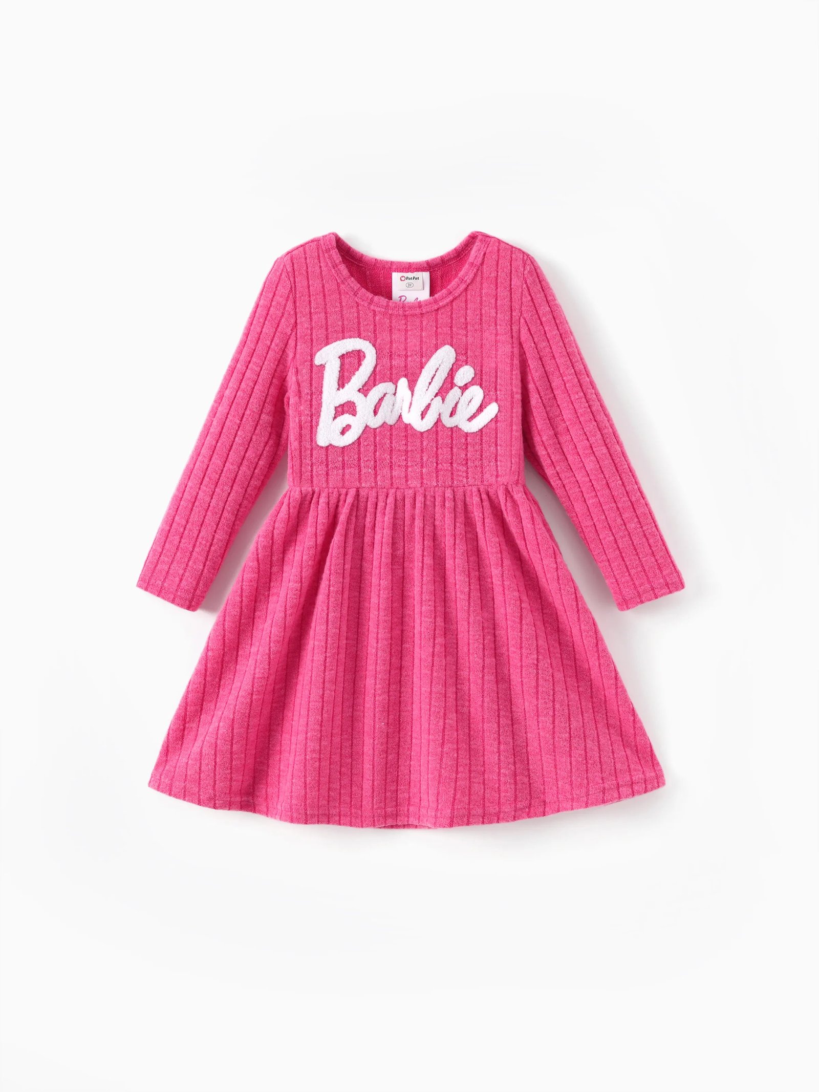 Barbie Toddler/Kids Girl Ribbed Knit Fabric Terry Embroidery Dress Hot Pink