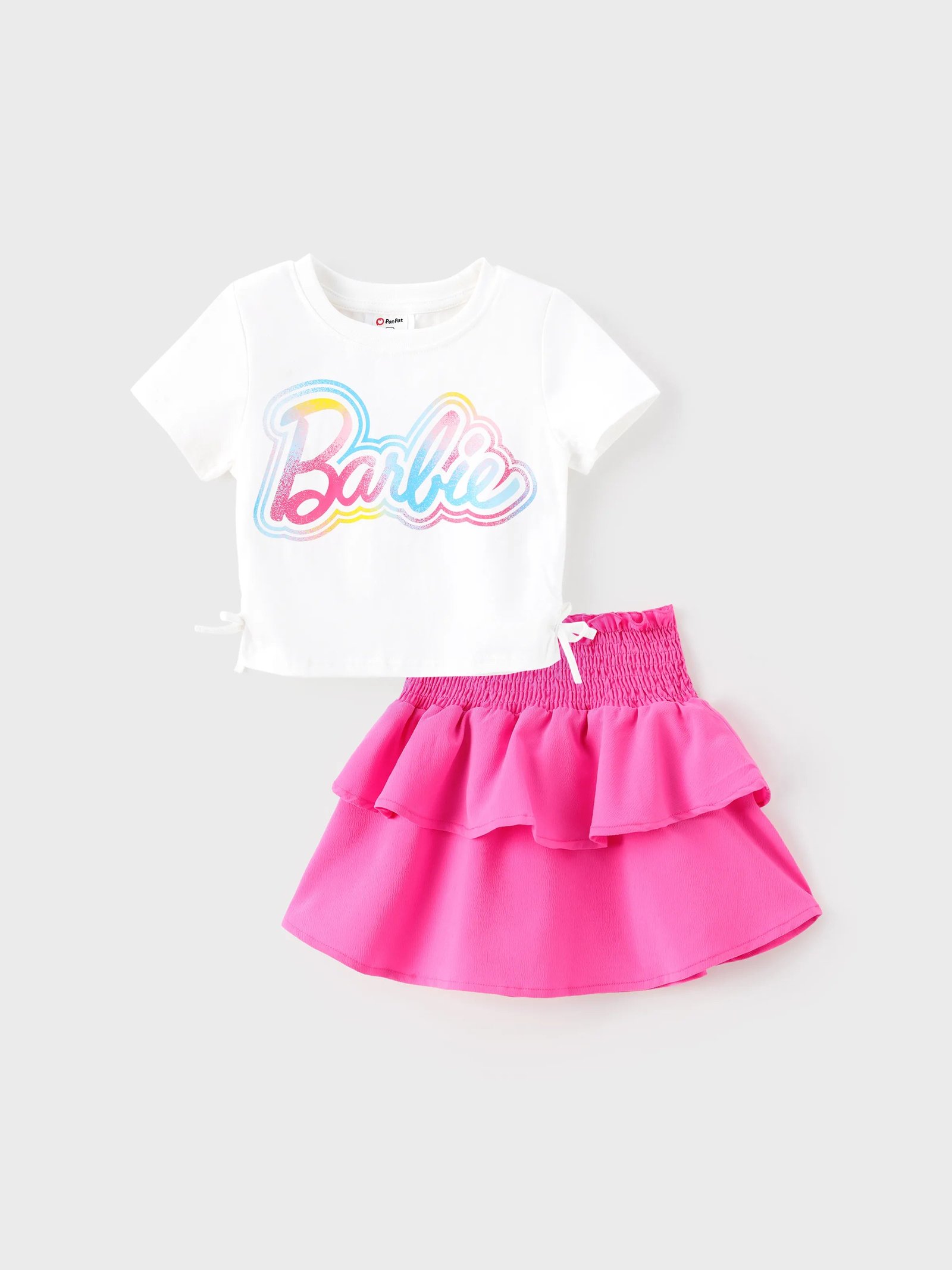 Barbie Toddler/Kid Girl 2Pcs Cotton Drawstring Short-Sleeve Top and Smocking Skirt Set White