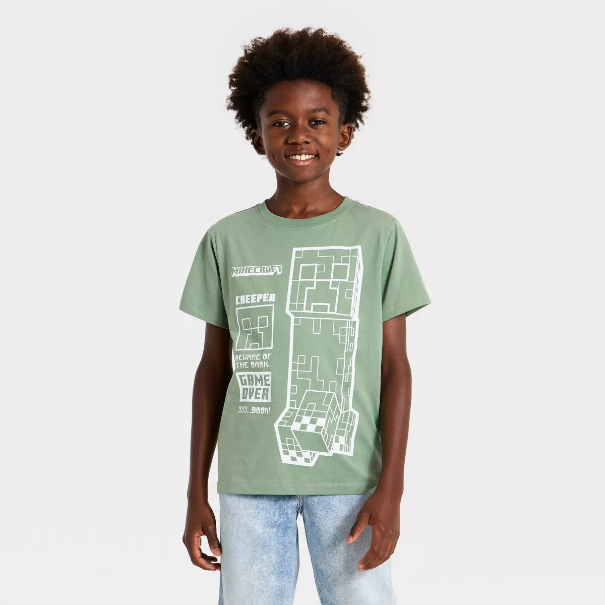 Minecraft Creeper T-shirt Estampada de Manga Curta para Rapaz - Verde-sálvia