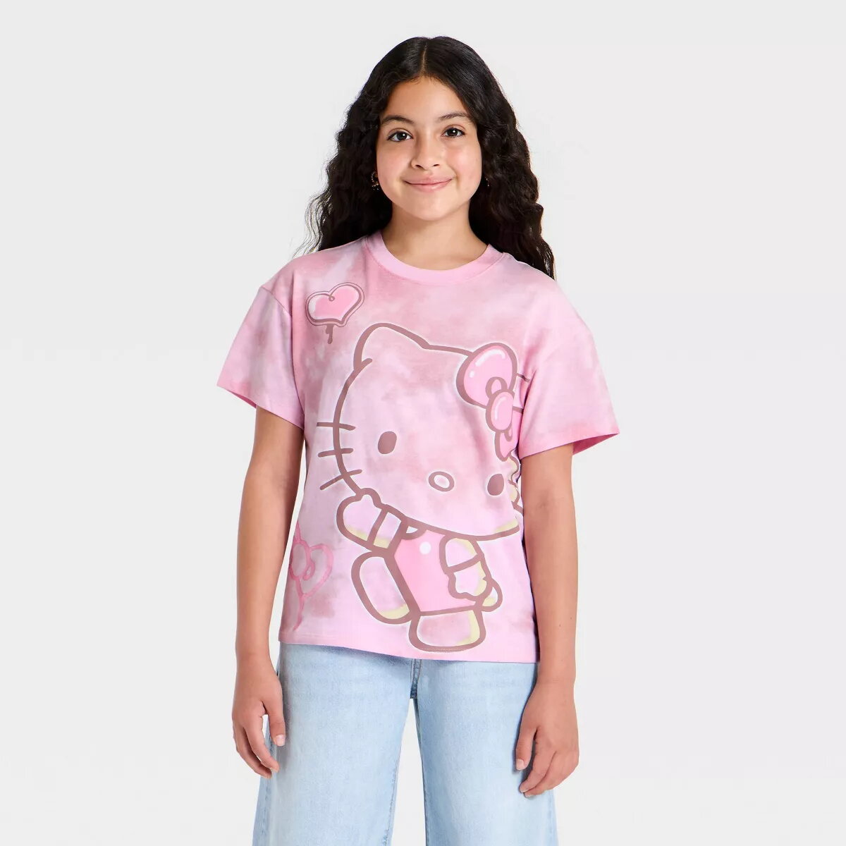 Hello Kitty T-shirt Estampada Lavada de Manga Curta para Menina - Rosa