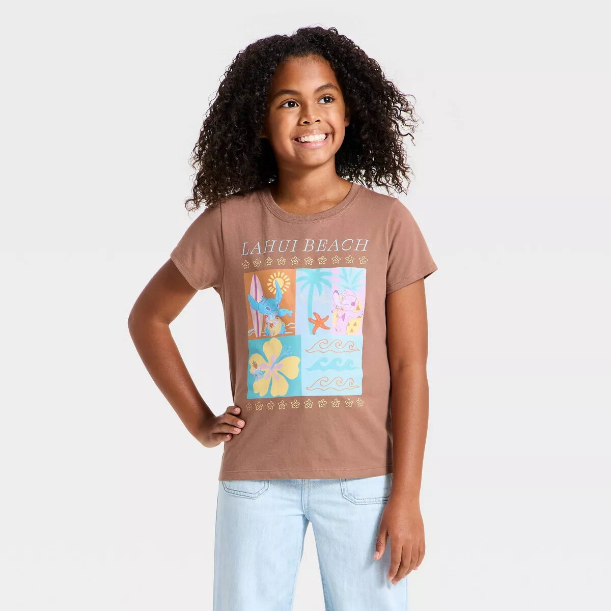 Disney Stitch e Angel T-shirt Estampada de Manga Curta para Menina - Castanho