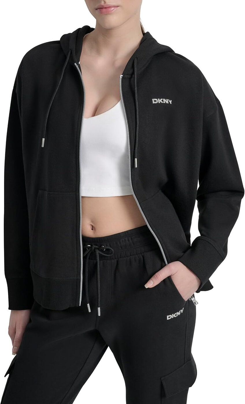 DKNY Casaco com Capuz Fecho Logótipo Tachas Mulher Preto