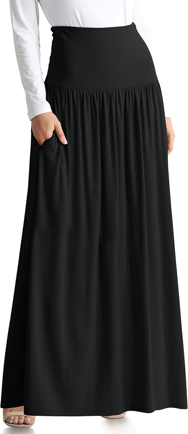 Simlu Saia Maxi Comprida de Cintura Subida com Bolsos para Mulher