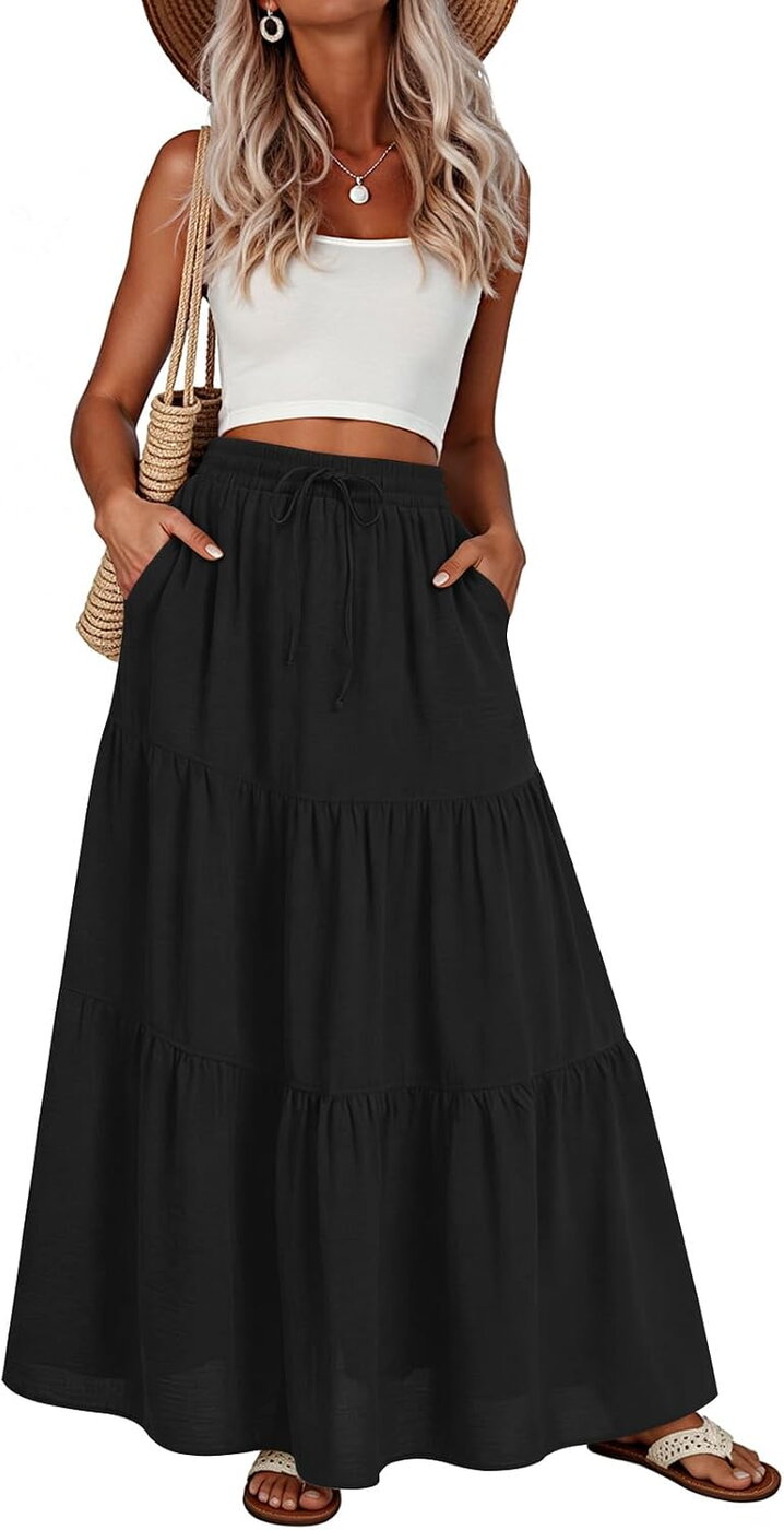 Addtoo Saia Maxi Plissada em Camadas com Cintura Elástica e Bolsos para Mulher