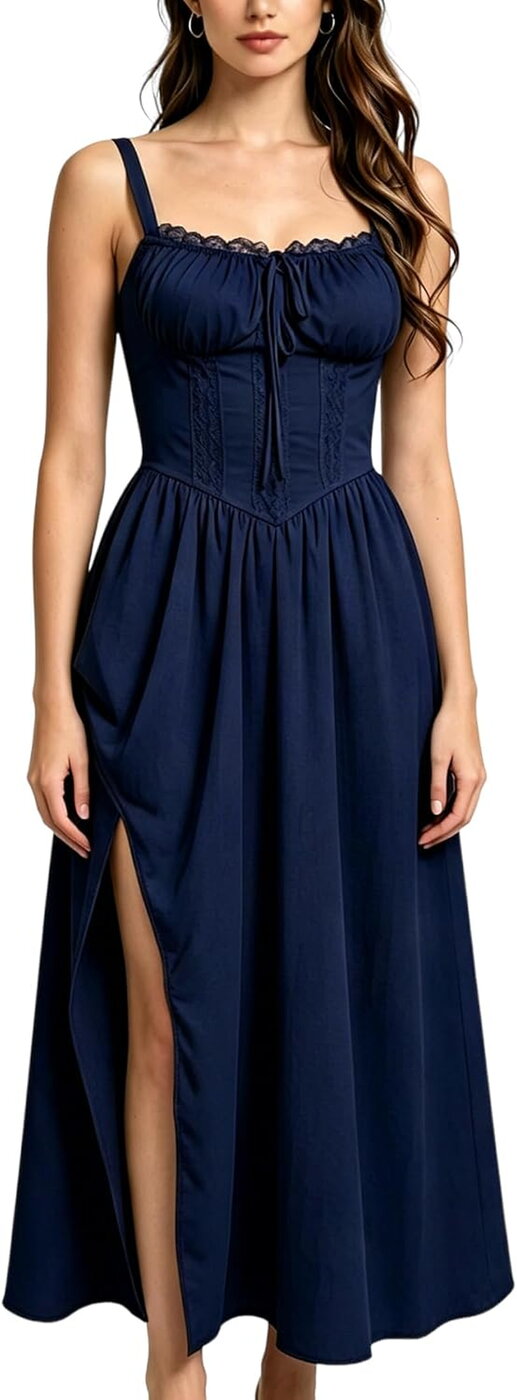 ABEHIK Vestido Midi Abertura Costas Branco Preto Azul-Marinho M L