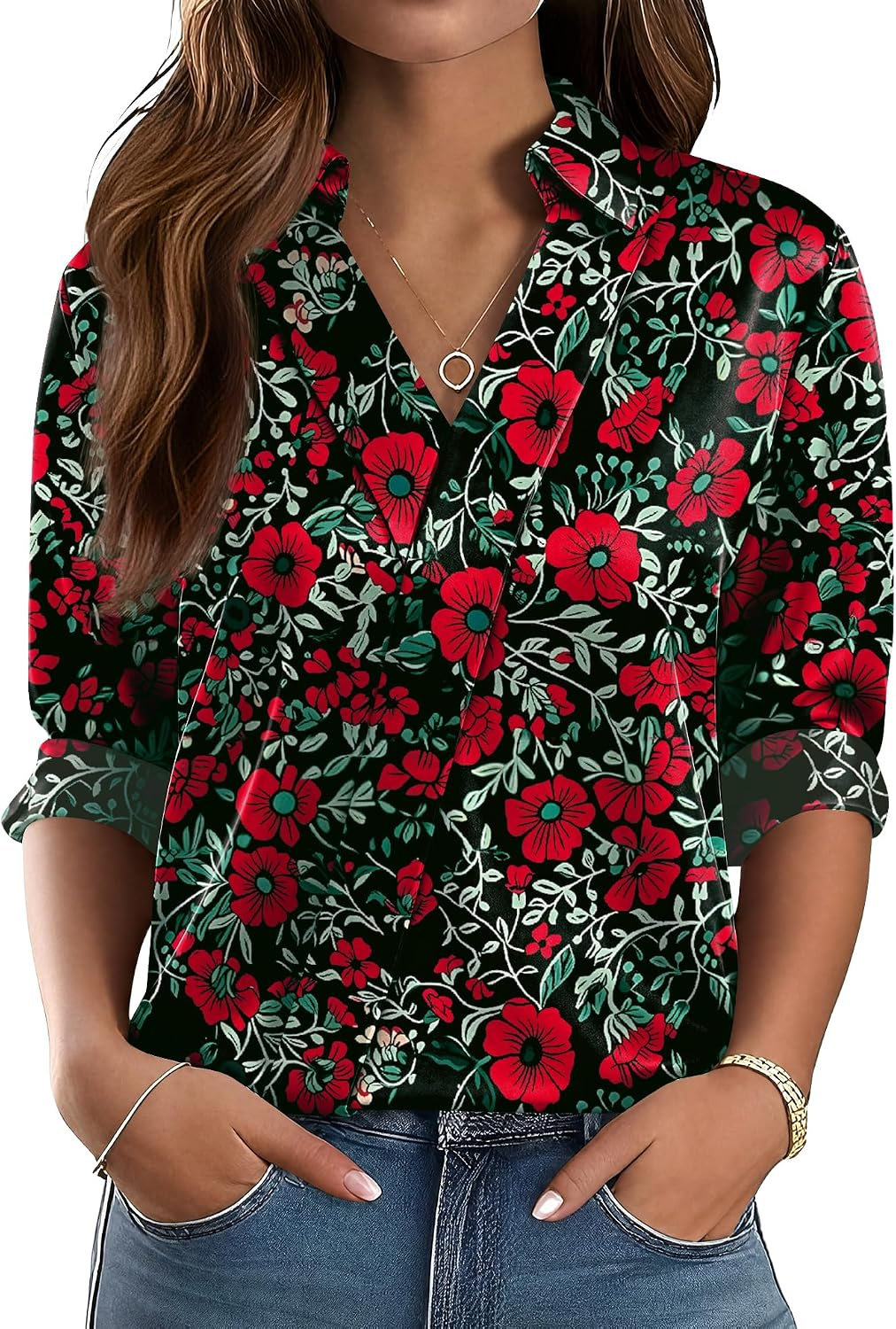 LOMON Camisa Mulher Manga Comprida com Botões
