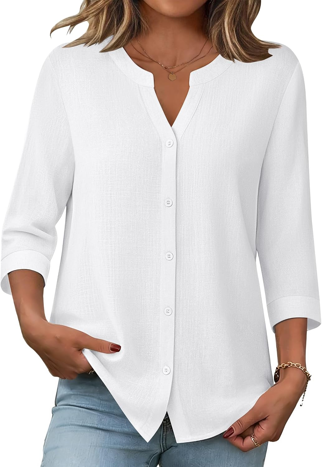 Zeagoo Camisa Mulher Botões Manga 3/4 Branca
