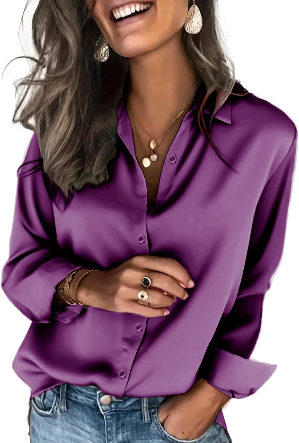 Zeagoo Camisa Mulher Cetim Manga Comprida Roxo S