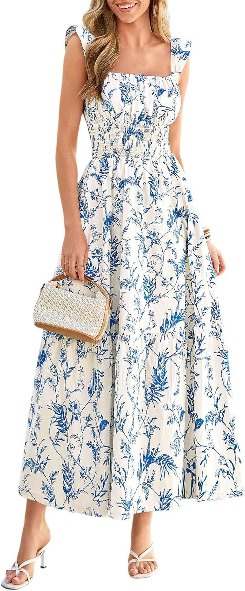 PRETTYGARDEN Vestido Comprido Floral Boho Damasco Azul