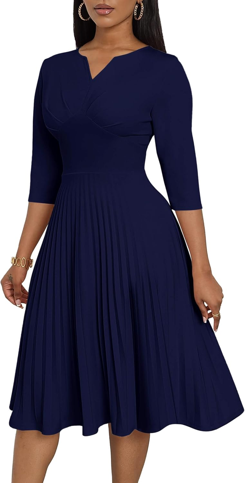CLOCOR Vestido Midi Plissado Mangas 3/4 Mulher
