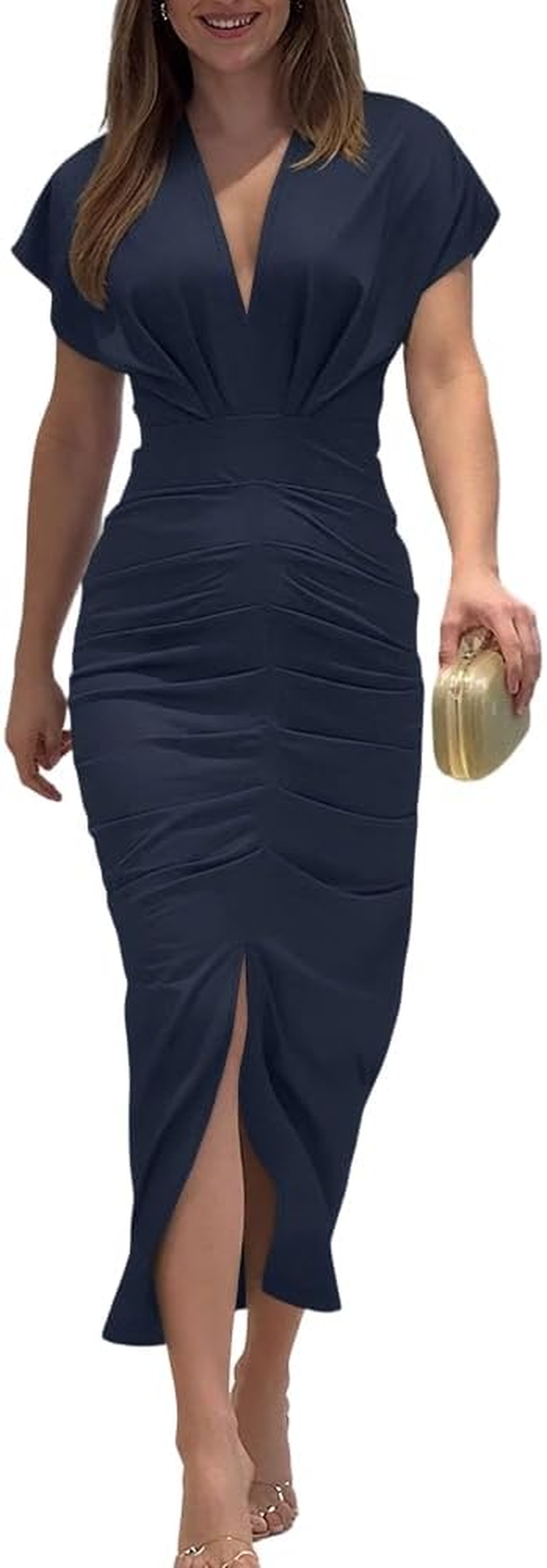 CHICME Vestido Midi Decote V Franzido Mulher