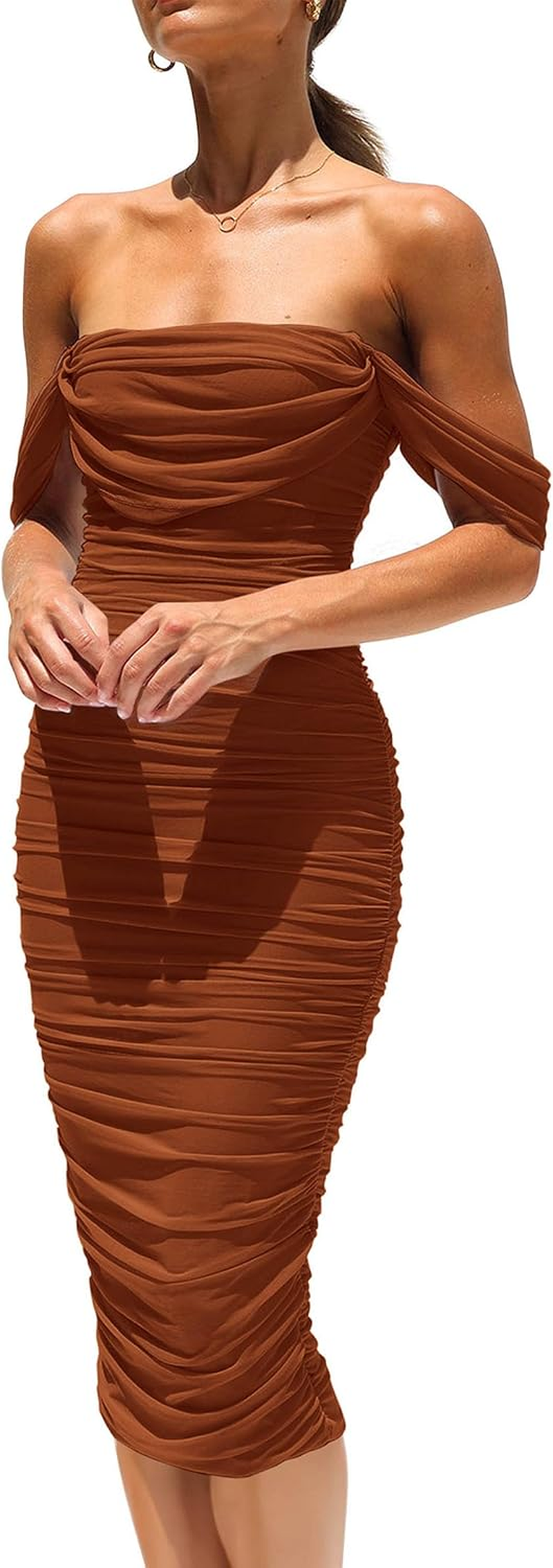 PRETTYGARDEN Vestido Midi Drapeado Ombros Descaídos SF_BT275_DAG_S