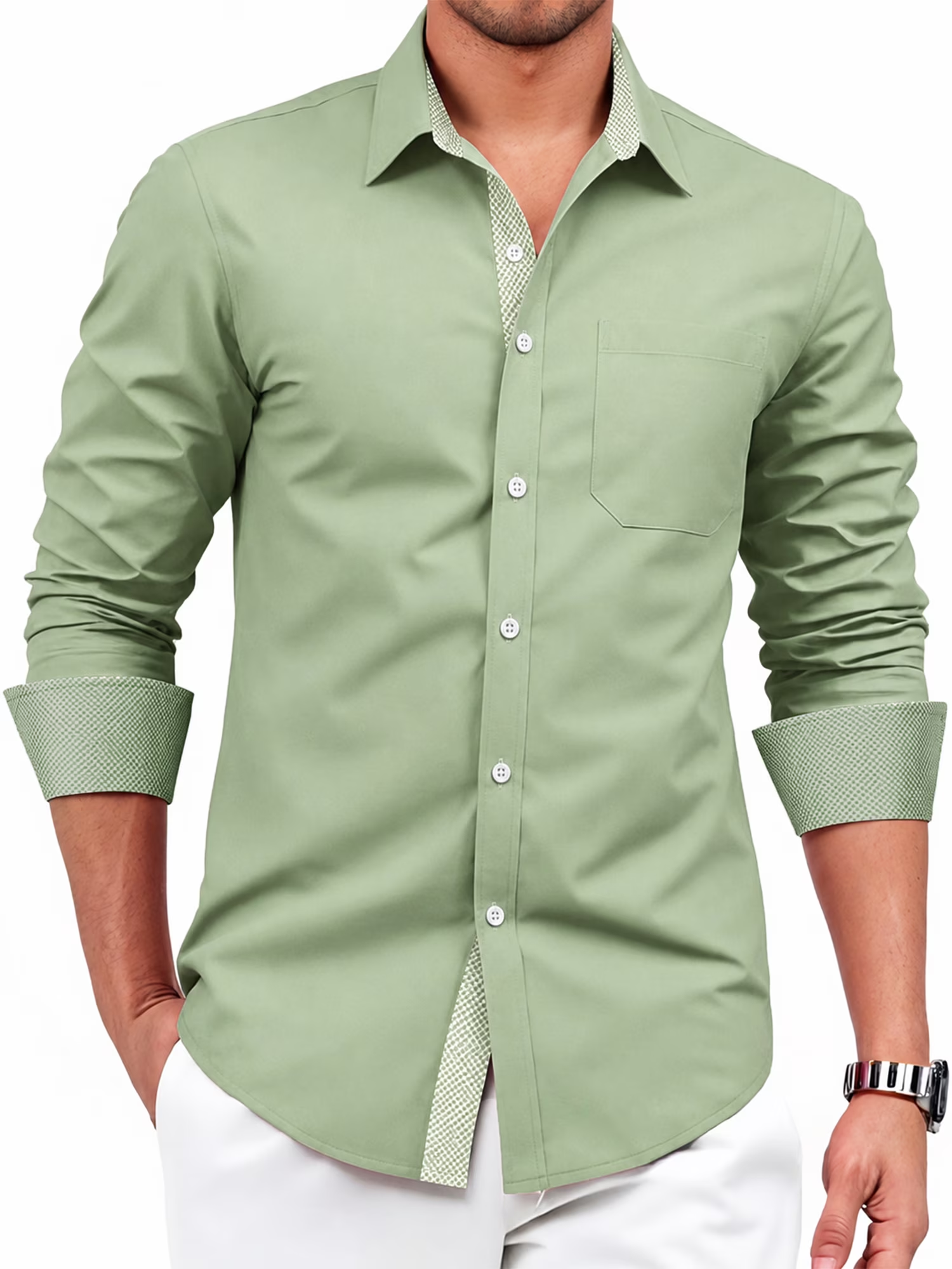 Camisa Social Masculina Manga Comprida Slim Fit Verde com Contraste Paisley M