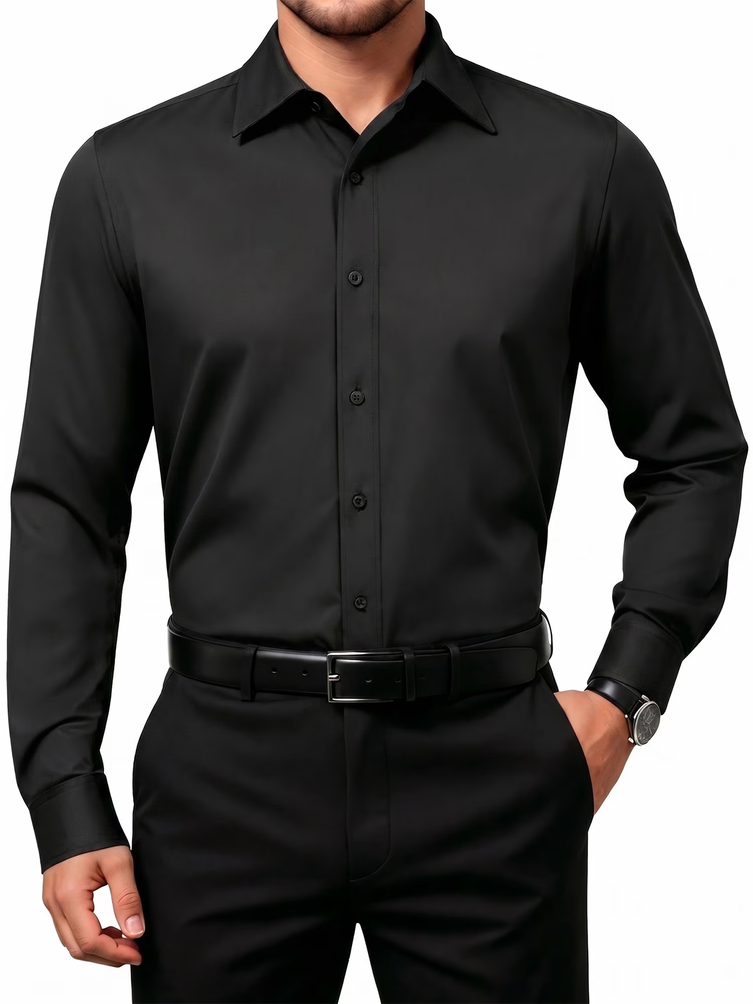 OALUXE Camisa Social Masculina Manga Comprida Anti-Rugas Preto L