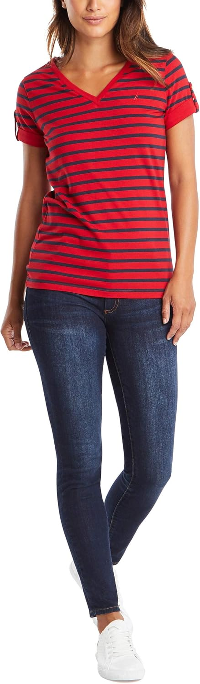 Nautica Easy Comfort T-Shirt Riscas Bretão Decote V Algodão Senhora