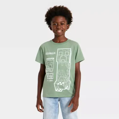 Minecraft Creeper T-shirt Estampada de Manga Curta para Rapaz - Verde-sálvia