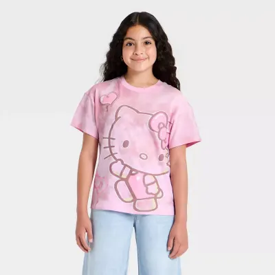 Hello Kitty T-shirt Estampada Lavada de Manga Curta para Menina - Rosa
